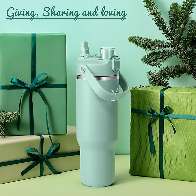 32 oz Stainless Steel Tumbler with Handle and Straw, Vacuum Insulated Water Bottle with 2-in-1 Lid (Chug/Straw) and Silicone Boot，Keeps Drinks Hot and Cold - Bloomnest