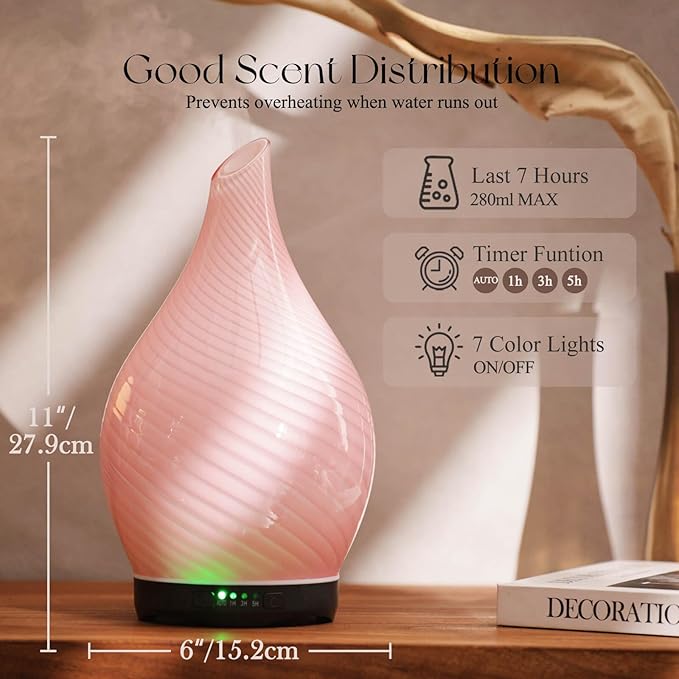 Porseme 280ml Essential Oil Diffuser Glass Color Changing Aroma Air Diffusers Aromatherapy Ultrasonic Cool Mist Humidifier 7 Running Hours Waterless Auto-Off for Sleeping, Yoga, Spa (Pure Pink) - Bloomnest
