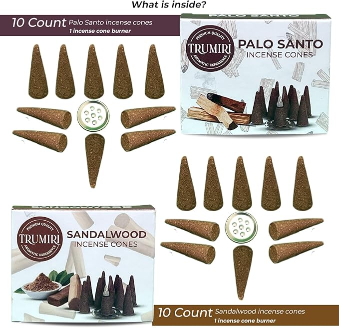TRUMIRI Incense Cones - Combo Pack of 20 Cone Incense - 10 Palo Santo + 10 Sandalwood - Insence Cones - Incense Cones Scented - Cone Incense Scents - Insense Cones - Incent Cone TRUMIRI