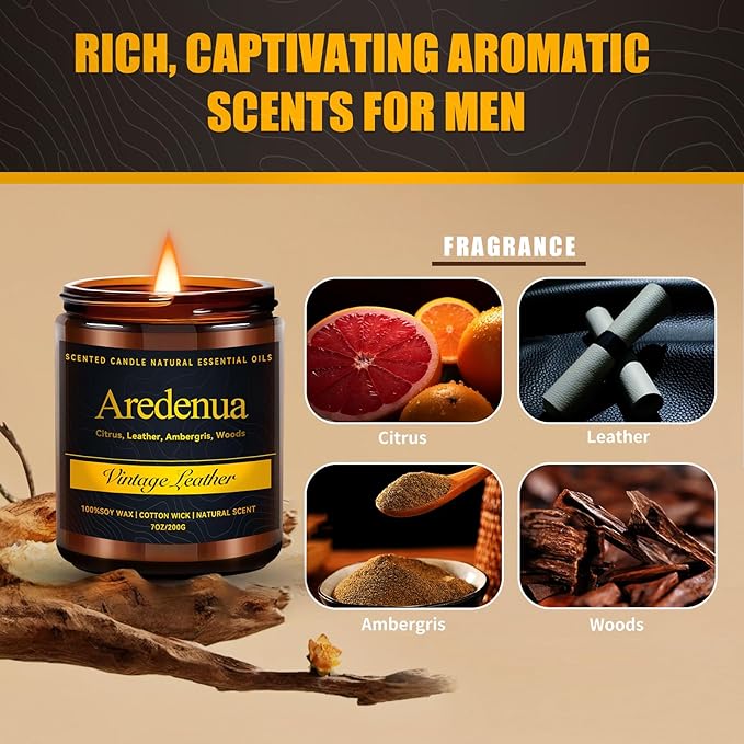 Vintage Leather Candle – Masculine Candles for Men, Soy Candles with Classic Leather Aroma, Long Lasting Manly Scented Candle for Home, Office, Lounge, Gift for Him - Bloomnest