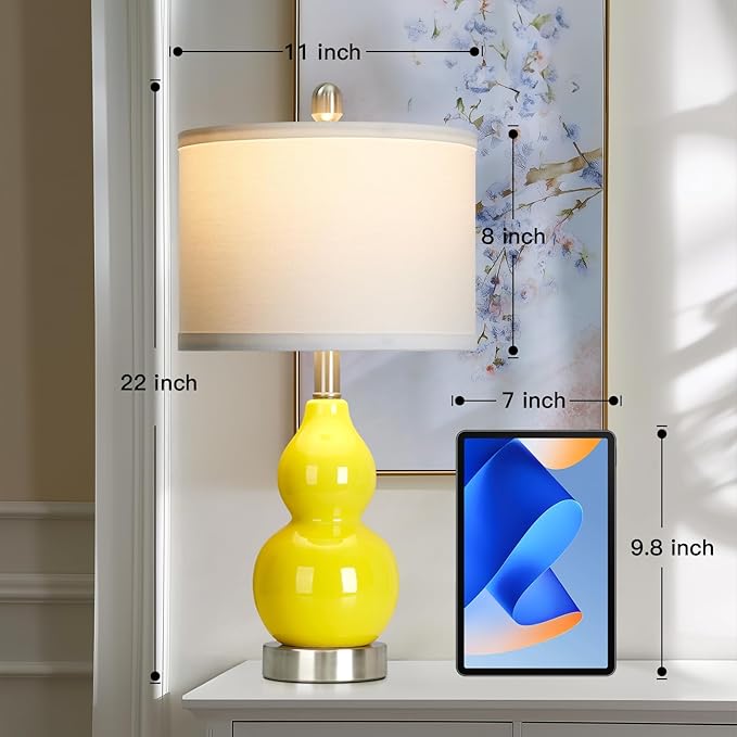 Double Gourd Ceramic Table Lamps Set of 2, Yellow Modern Bedside Lamps for Living Room, Contemporary Nightstand Desk Lamps for Bedroom End Table Home Office Decor(2 LED Bulbs Included) - Bloomnest
