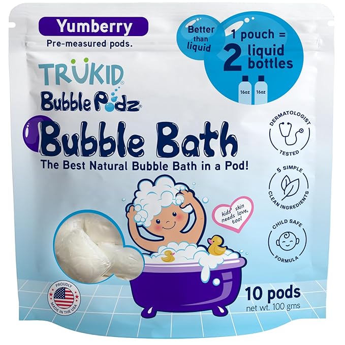 TruKid Bubble Podz Bubble Bath for Kids, Toddlers, & Babies, Tear Free Gentle & Refreshing Bath Bomb for Sensitive Skin with Natural Moisturizers, Non-Toxic, pH Balanced, Yumberry Scent (10 Podz) - Bloomnest