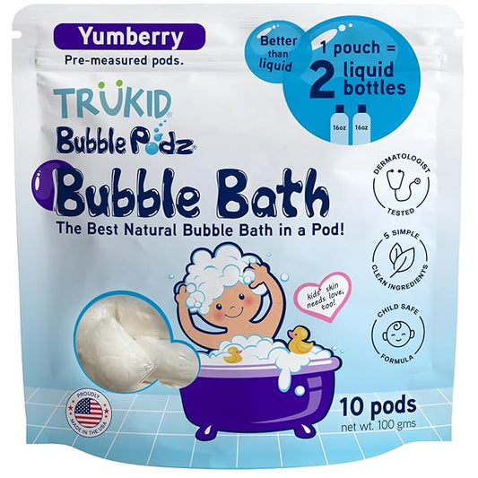 TruKid Bubble Podz Bubble Bath for Kids, Toddlers, & Babies, Tear Free Gentle & Refreshing Bath Bomb for Sensitive Skin with Natural Moisturizers, Non-Toxic, pH Balanced, Yumberry Scent (10 Podz) - Bloomnest