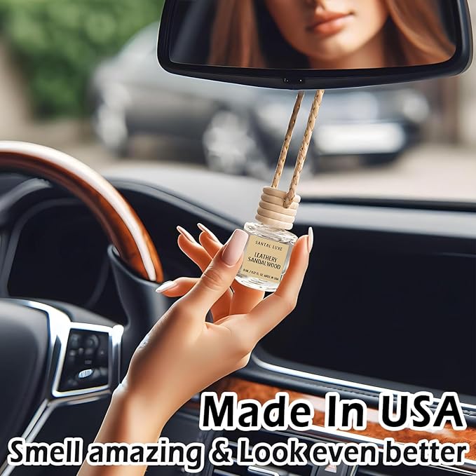 C Classy Car Air Freshener Hanging 2 Pack, Leathery Sandalwood Essential Oil Diffuser for Cars, Cute Car Accessories, Long-Lasting Fragrance, C ar Air Fresheners for Women & Men Gift, Made in USA - Bloomnest