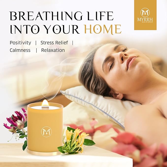 MyrrhUSA Honeysuckle Scented Candle – 15 oz Natural Soy Wax with Crackling Wooden Wick & Essential Oils | 80 Hour Burn | Luxury Aromatherapy Candle for Relaxation, Home Décor, Living Room & Bathroom - Bloomnest