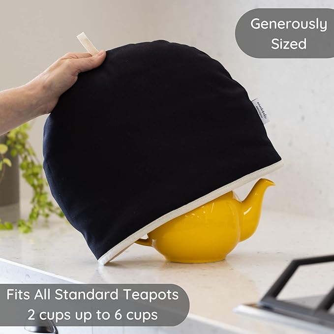 Muldale Large Tea Cozy for Teapot Insulated - Black - Thermal 100% Cotton Extra Thick Wadding - Designed in England - Tea Cozies Covers Fit 1 to 6 Cup Neutral Kitchen Textiles Range - Bloomnest