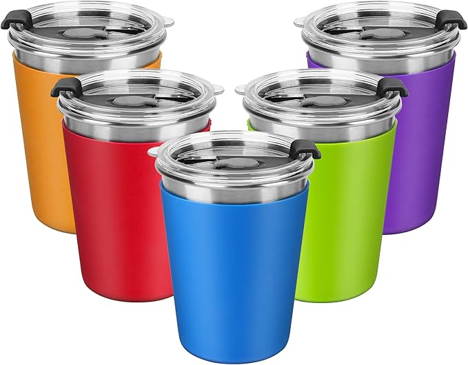 Kids Stainless Steel Cups, 12oz Kids Metal Drinking Glasses with Lids and Sleeves, Unbreakable Spill Proof Cups for Kid and Adult, Stacking Sippy Cups for Hot Chocolate & Cold Drinks 5Pack - Bloomnest