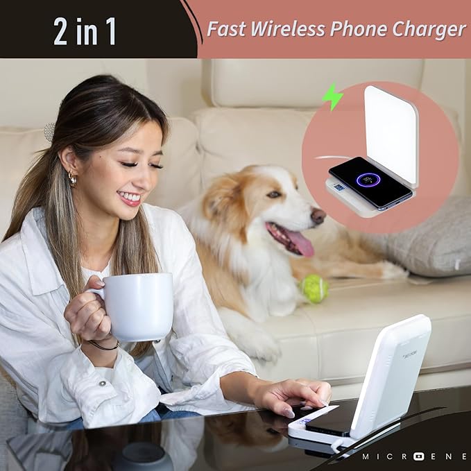 Light Therapy Lamp with Wireless Phone Charger Pad, 2 in 1, 10,000 Lux Bright White UV-Free LED, Anti-Glare, 5 Adjustable Brightness, Sunlight Lamp with Timer, Energy Booster - Bloomnest