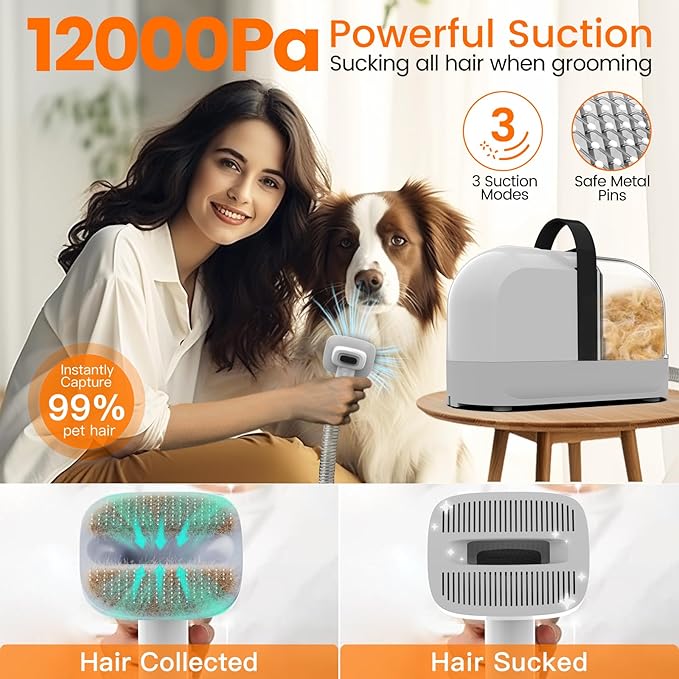 Dog Grooming Vacuum, Dog Grooming Kit with Pet Clippers, 12,000Pa Pet Hair Grooming Vacuum for Dogs, Vacuum Brush for Shedding Grooming, Low Noise Home Cleaning Tool in 1, PG10 Black - Bloomnest