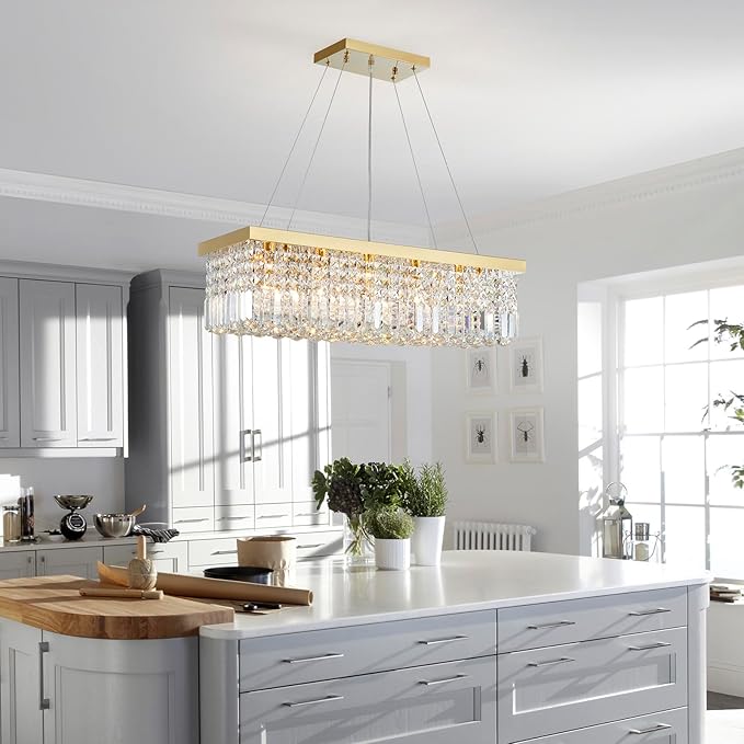 Saint Mossi 5-Lights K9 Crystal Chandelier for Dining Room, Rectangular Pendant Light Fixture for Kitchen Island, Raindrop Chandelier, H9 x W10 x L31, Chain Adjustable - Bloomnest