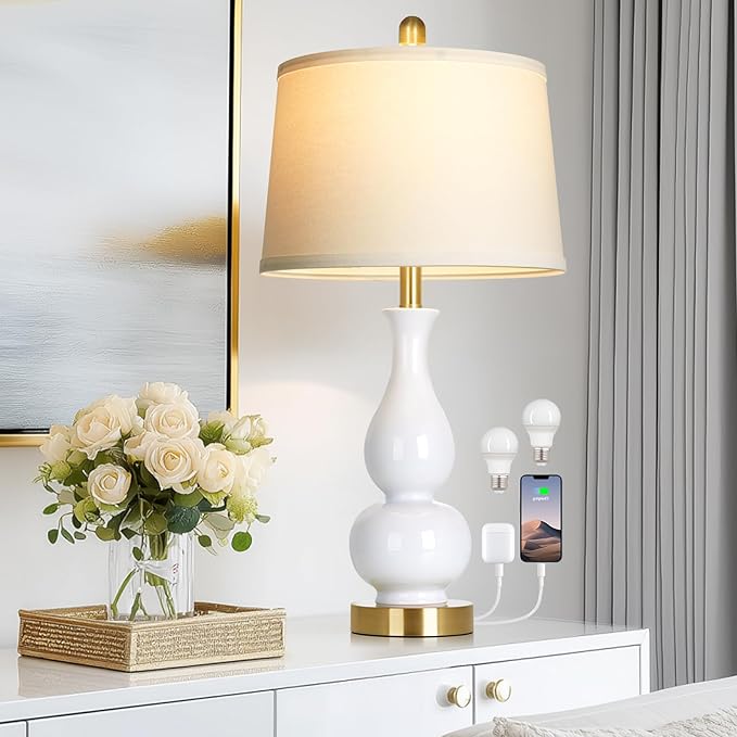 27" Double Gourd Ceramic Lamp Single, Modern White Bedside Table Lamps with USB A+C Ports, Classic Bedroom Lamp for Nightstand, Chinoiserie Lamps for Living Room Side End Table Desk Home Decor - Bloomnest