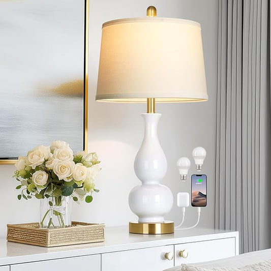 27" Double Gourd Ceramic Lamp Single, Modern White Bedside Table Lamps with USB A+C Ports, Classic Bedroom Lamp for Nightstand, Chinoiserie Lamps for Living Room Side End Table Desk Home Decor - Bloomnest
