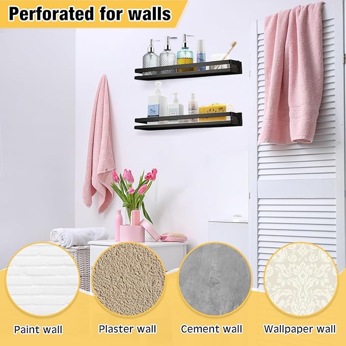 Lallisa 2 Pieces Stainless Steel Shelf Bathroom Shower Floating Shelves Wall Mounted Shower Caddy Basket Shelf Storage Organizer Shelves for Bathroom, Kitchen, Living Room(19.69 Inches/ 50 cm,Black) - Bloomnest