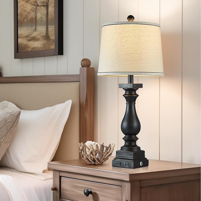 28" Tall Farmhouse Table Lamps with USB C+A Ports and AC Outlet, 3 Way Touch Control Rustic Bedside Lamps for Bedroom, Black Vintage Nightstand Lamps for Living Room Office - Bloomnest
