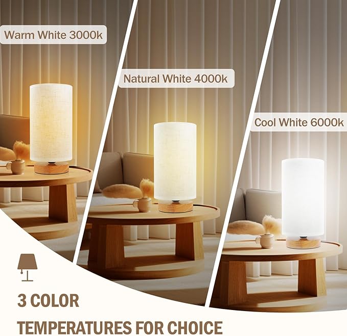 Minimalist Dimmable Nightstand Lamp with Round Fabric Linen Shade, 3 Color Temperatures, Desk & Bedside Lamp for Study, Living Room, Bedroom, Office, Dorm - Bloomnest