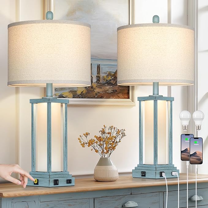 27" Tall Vintage Table Lamp Set of 2 with USB C+A & Outlet,Nightstand Lamp for Living Room,Coastal Bedside Lamps with Frosted Glass Night Light for Bedroom Entryway,Blue - Bloomnest