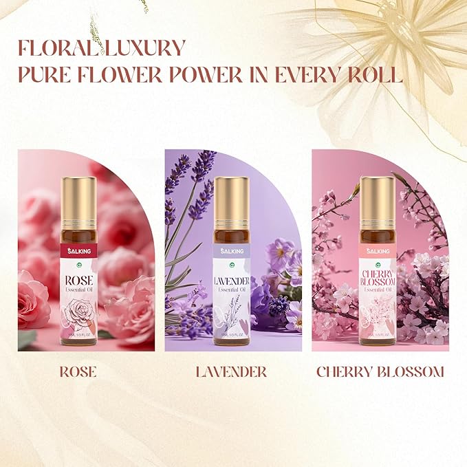 SALKING Essential Oils Roll On Set with Dried Flowers(6 Pack), Aromatherapy Oil with Roller Ball for Skin Use, Natural Fragrance Gift - Rose, Lavender, Cherry Blossom, Jasmine, Mint, Rosemary - Bloomnest