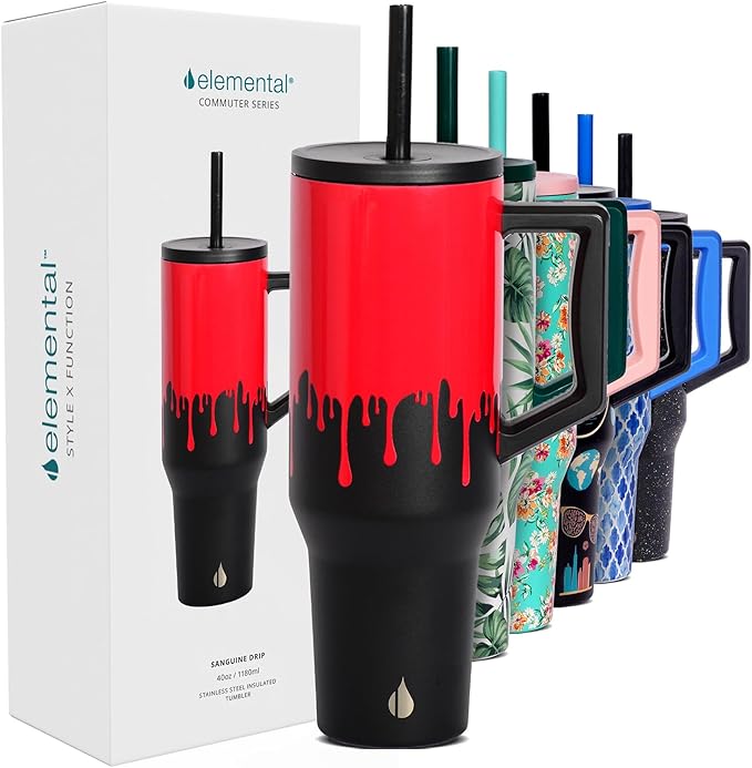 Elemental 40 oz Tumbler with Handle and Straw - Spill Proof Insulated Stainless Steel Commuter for Hot and Cold Beverages - Travel Coffee Mug with 2 Straws & Spill Proof Lid - 40oz - Sanguine Drip - Bloomnest