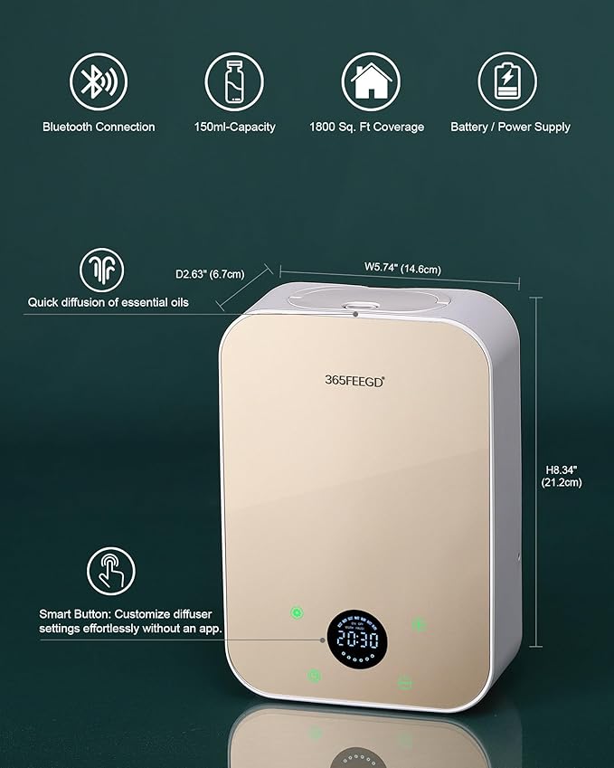 Waterless Essential Oil Diffuser - 150mL Smart Portable Bluetooth Diffuser | Dual-Power (Battery/AC) | Covers up to 1500 Sq Ft Home Aromatherapy - White Gold(AC+Battery) - Bloomnest