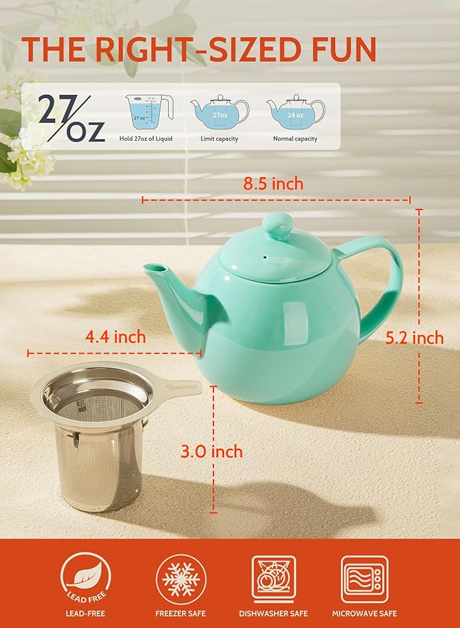 Sweese Teapots for Tea, 27 oz Porcelain Tea pot with Removable Stainless Steel Infuser, Tea Pots for Loose Tea - Mint Green - Bloomnest