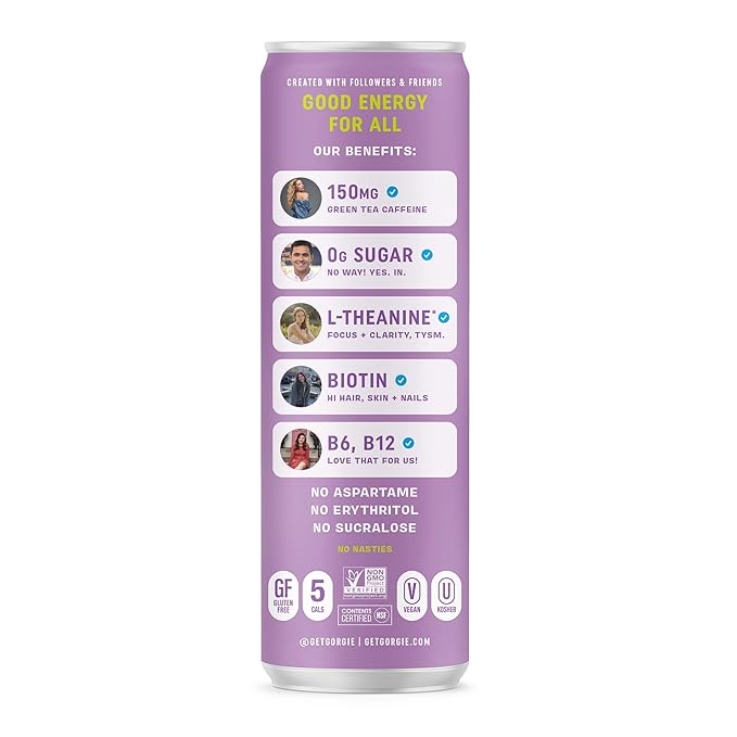 GORGIE Sugar Free Natural Energy Drinks, Wild Berry (12 Pack) - Healthy Energy Drinks - Natural Coffee Replacement with Green Tea Caffeine and Biotin - 150mg Caffeine, Vegan, & Low Calorie - Bloomnest