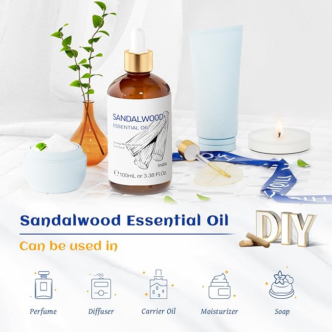 HIQILI Sandalwood Essential Oils, Long-Lasting Scent for Perfume, Diffuser, Soap Making & Candle- 3.38 Fl Oz - Bloomnest