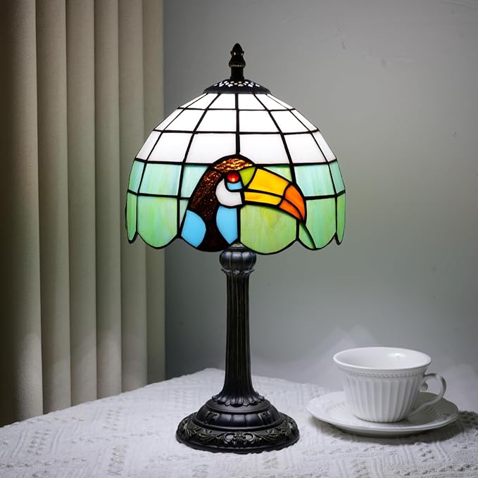 Tiffany lamp 8 inch stained glass lamp European retro black toucan warm color reading bedside lamp suitable for bedrooms dormitories studies antique home decoration art handicrafts (green and white) - Bloomnest