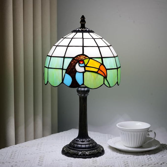 Tiffany lamp 8 inch stained glass lamp European retro black toucan warm color reading bedside lamp suitable for bedrooms dormitories studies antique home decoration art handicrafts (green and white) - Bloomnest