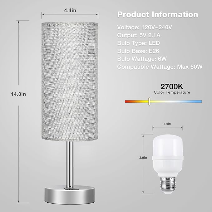 Grey Touch Nightstand Lamps for Girl - Small Bedside Lamp with USB-C and USB Charging Ports, 3 Way Dimmable Control Table Lamp for Living Room Office, Dorm, Reading with Fabric Shade Silver Base - Bloomnest