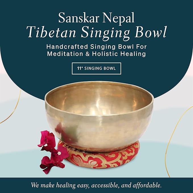 Tibetan Singing Bowl, Handcrafted Singing Bowl for Meditation, Prayer & Holistic Healing, Yoga Accessories, 11” Sound Bowl with Wooden Striker, Artisanal Pouch & Cushion - Bloomnest