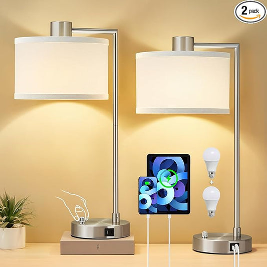 Luvkczc Table Lamps for Living Room with USB C+A Ports - Fully Stepless Dimmable Bedsides Lamp with Linen Lampshade, Lamps for Night Stands Bedroom Reading Office, 2 LED Bulbs Included (Silver) - Bloomnest