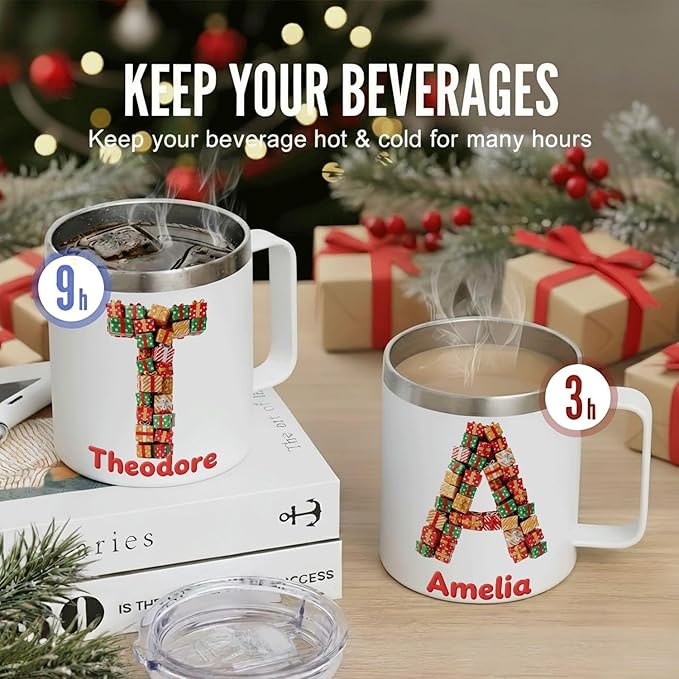 Personalized Christmas Mug with Name, 12oz Insulated Coffee Tumbler with Handle, Custom Present Initial Cup, Festive Holiday Xmas Gift for Women, Her (B06) - Bloomnest
