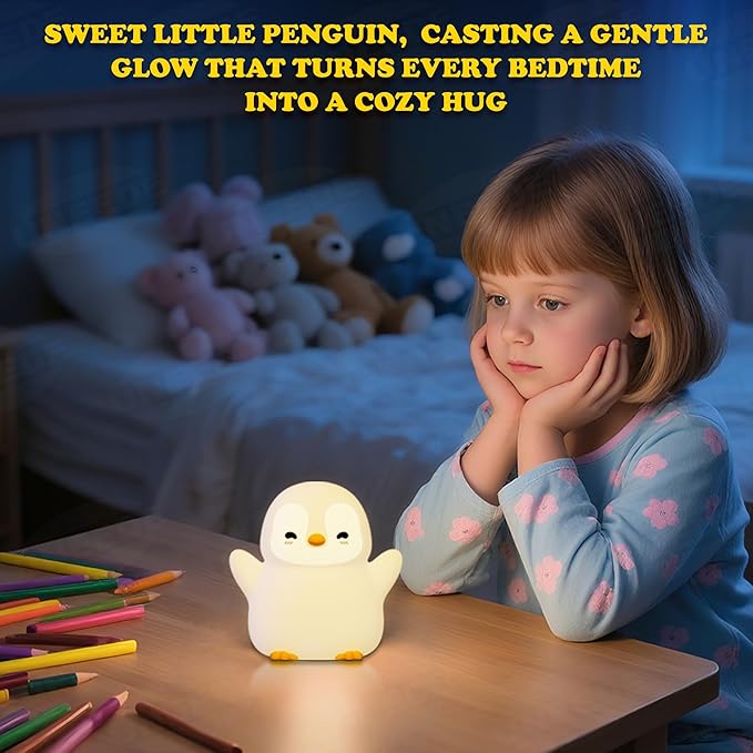 UNEEDE Standing Penguin Night Light with Detachable Bunny Hat - Rechargeable Silicone Touch Lamp, 2-Level Dimmable, 20-Min Timer, Nursery Decor for Kids & Holiday Gifts - Bloomnest