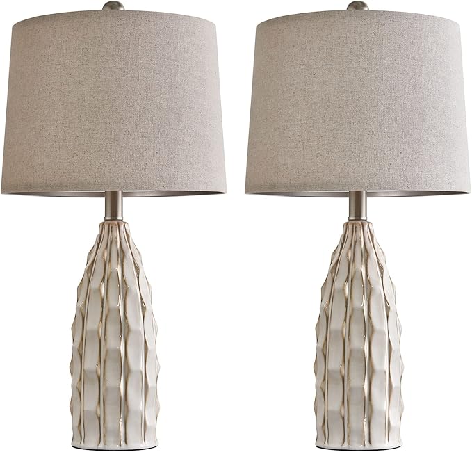 Ceramic Table Lamps Set of 2, 23.75" Modern Farmhouse Bedside Lamp - Cream Nightstand Lamps for Bedroom, Boho Living Room End Tables, Small Office Desk Lamp Decor - Bloomnest