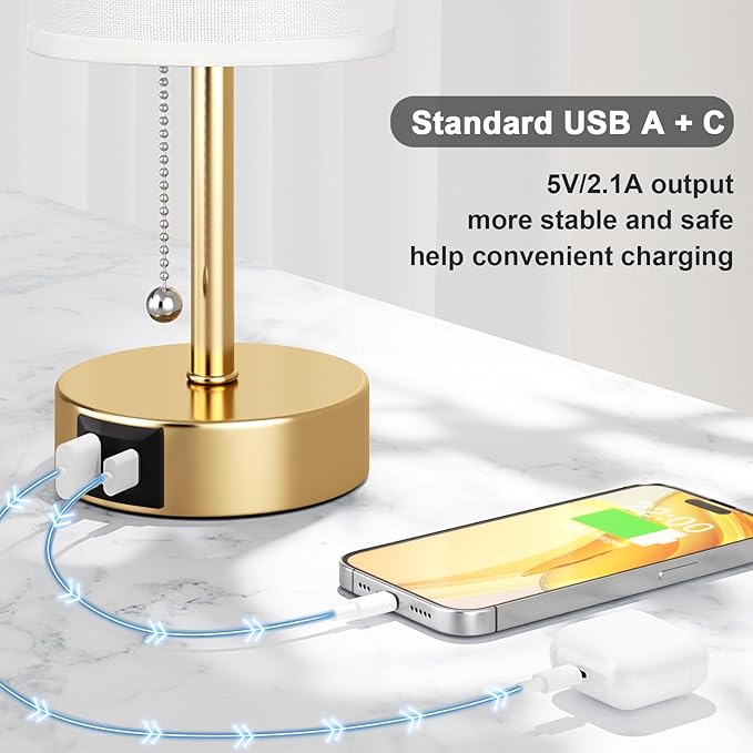 Gold Bedside Lamp for Bedroom Nightstand - Small Table Lamp with USB A + C Charging Port, 3 Color Temperatures Pull Chain Night Stand Light, Side Table Desk Reading Lamp for Living Room/Dorm Room - Bloomnest