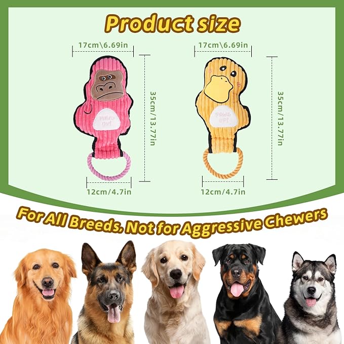 2-Pack Squeaky Dog Toys & Tough Tug of War Set - No Stuffing Chew-Resistant Plush Toys to Keep Them Busy, Best Birthday Gift for Small/Medium/Large Breeds (Ducks & Gorilla) - Bloomnest