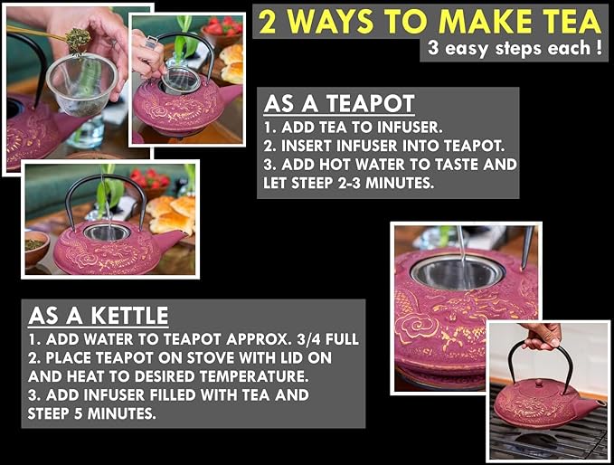 Large Cast Iron Tea Kettle Set - 40oz/1200ml Japanese Teapot with Infuser & Matching Trivet - Tetsubin Iron Tea Pot Japanese Style with Enamel Interior - Handcrafted Dragon Teapot Humidifier - Purple