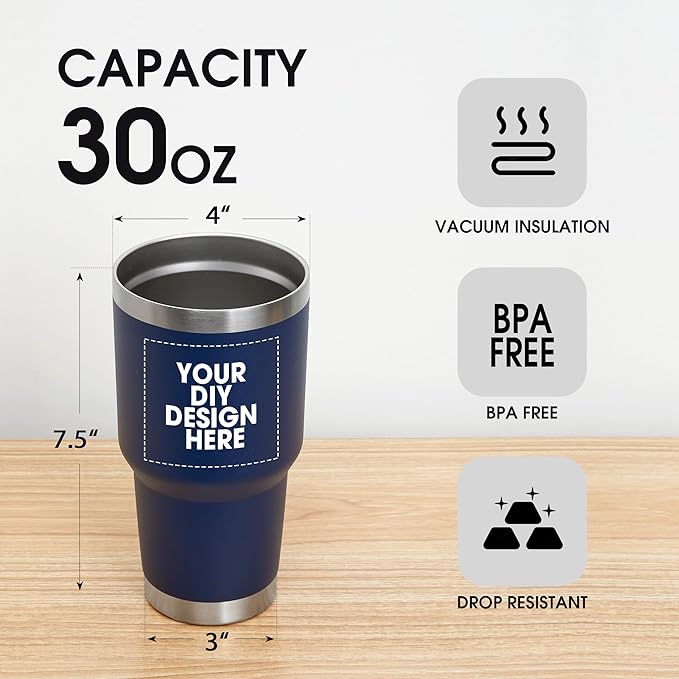 Personalized Custom Tumbler Print in USA 30oz Stainless Steel Coffee Cup with Lid & Straw Double Wall Insulated Tumbler with Colorful Text Logo Photo - Bloomnest