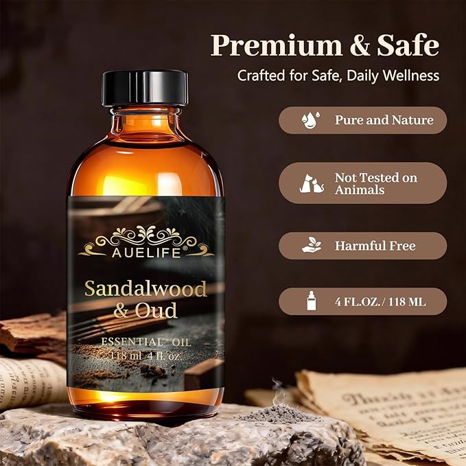 Auelife 4oz Sandalwood & Oud Essential Oils for Diffusers for Home - Woody Fragrance Oil for Candle Making, Soap Making, Father's Day Gifts for Him - Masculine Scent for Men Gift, 118ml Auelife