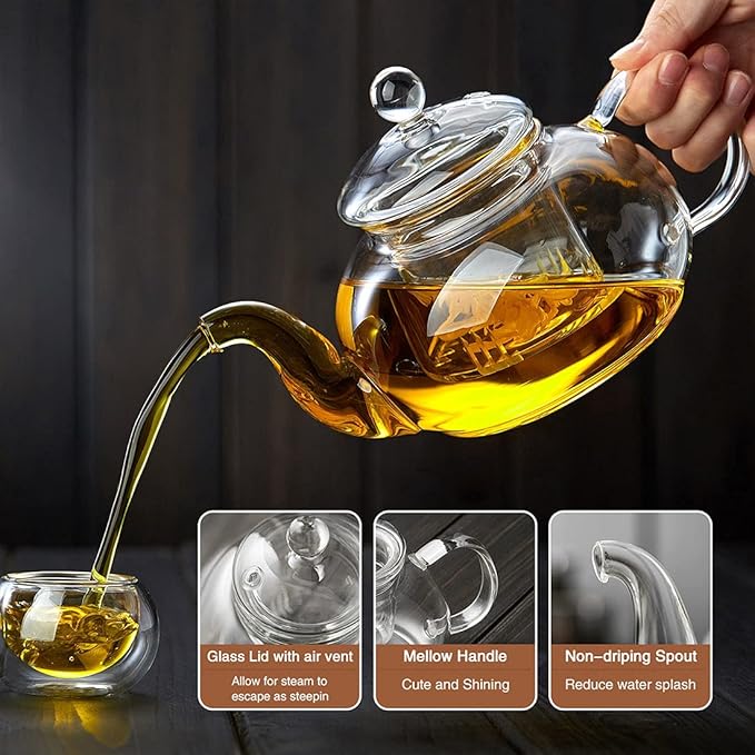 Glass Teapot with Removable Clear Infuser, 27 oz/ 800 ml Stove Top & Microwave Safe Borosilicate Glass Kettle with Loose Leaf Tea Strainer For Flower Blooming Tea - Bloomnest