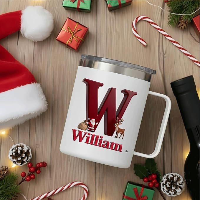 Personalized Christmas Insulated Coffee Mug with Handle – Custom Initial Letter [W] & Name [William] – [Your Brand Name] Double Wall Stainless Steel Travel Tumbler for Hot & Cold Drinks (B110) - Bloomnest