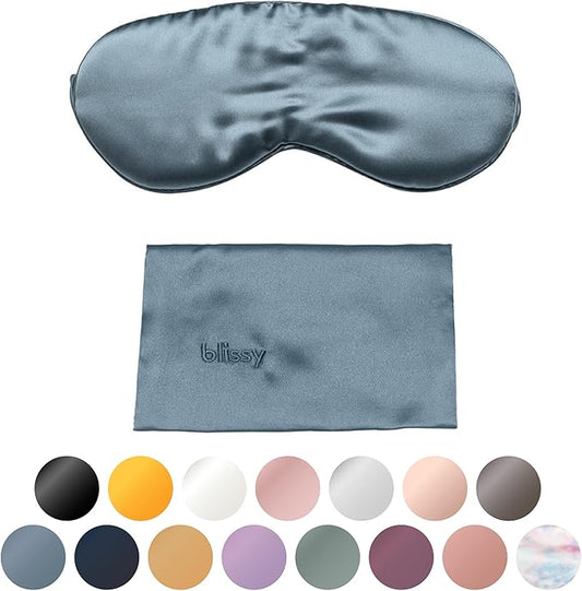 Blissy Silk Sleep Mask - Silk Eye Sleeping Mask for Women & Men for Total Blackout - 100% Pure Mulberry Silk, 22 Momme 6a Fibers - Blindfold Silk Sleep Mask Side Sleeper Eye Cover (Ash Blue) - Bloomnest