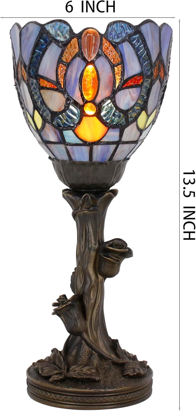 Small Tiffany Lamp Mini Stained Glass Table Lamp Blue Liaison Accent Desk Uplight W6 H13.5 Inch Bronze Resin Base - Bloomnest