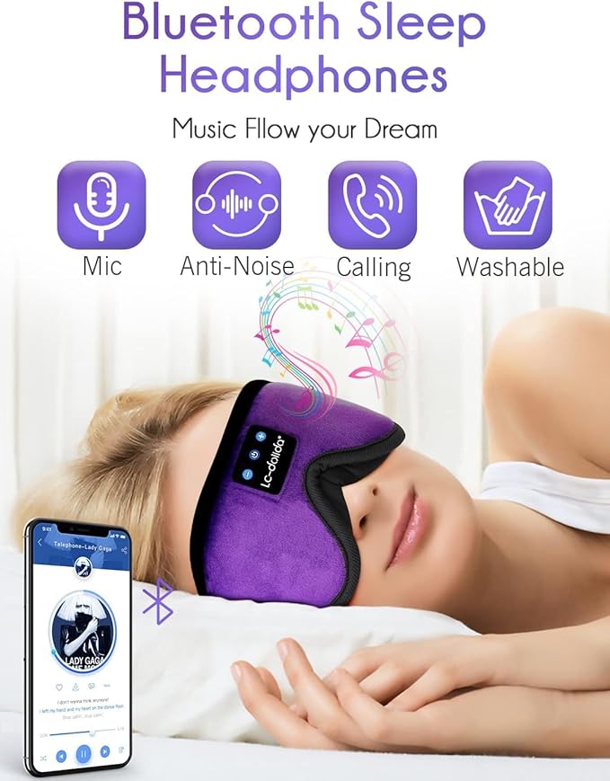 LC-dolida Sleep Headphones, Sleep Mask Bluetooth Wireless Music Eye Mask, Sleeping Headphones for Side Sleepers Sleep Mask with Bluetooth Headphones Ultra-Thin Stereo Speakers Perfect for Sleeping - Bloomnest