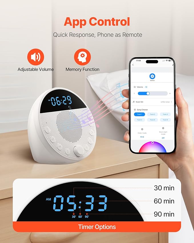 VEVOR Sound Machine, 18 Soothing Sleep Sounds and 7-Color Night Light, 5-in-1 White Noise Sound Machine with Dual Alarms, Auto-Off Timer and Memory Function, for Baby, Adults, Home, Office & Travel - Bloomnest