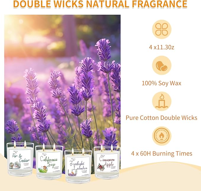 4 Pack Large Jar Candles with Double Wicks, Scented Candles for Home, 11.3oz Each, 240 Hour Burn Time, Aromatherapy Gift Set for Women, Cinnamon Apple, Lavender, Fir & Cedar, California Sage - Bloomnest