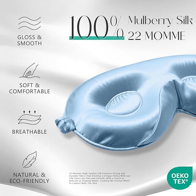 ZIMASILK Adjustable 22 Momme 100% Mulberry Silk Sleep Mask, Upgraded 3D Contoured Cup Eye Mask for Sleeping, Super Soft & Breathable Blindfold, Blackout for Deep Sleeping (Sky Blue) - Bloomnest