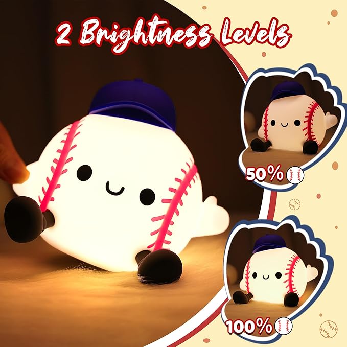 Attivilife Baseball Night Light, Baseball Gifts for Boys, Soft Silicone Nursery Bedroom Bedside Decor Dimmable Rechargeable LED Touch Lamp, Baby Kid Teen Sport Lover Athlete Birthday Christmas Gifts - Bloomnest