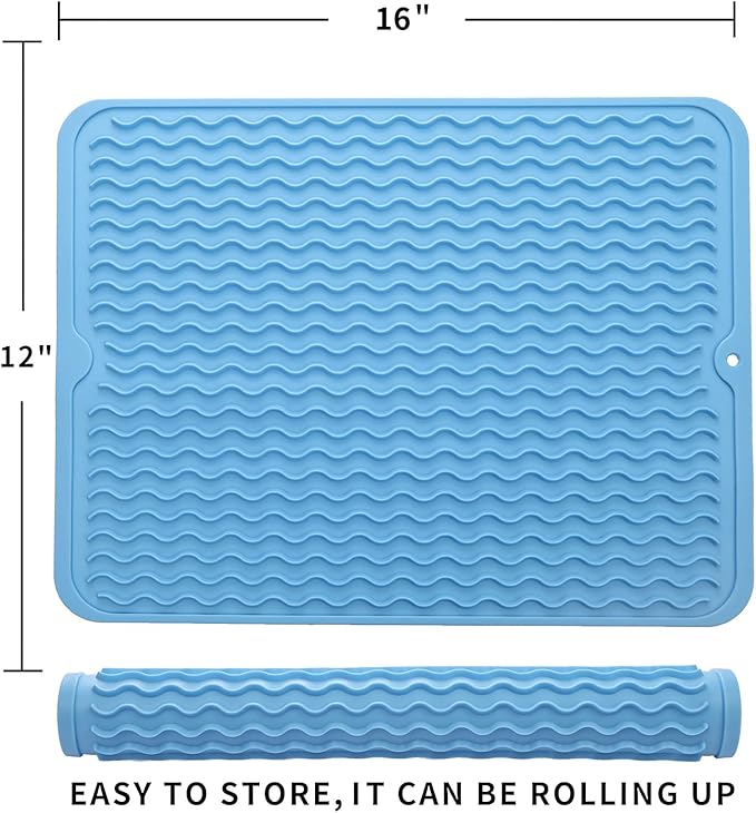 Silicone Dish Drying Mat for Multiple Usage,Easy clean,Eco-friendly,Heat-resistant Silicone Mat for Kitchen Counter or Sink,Refrigerator or drawer liner Light Blue L 16 inches x 12 inches - Bloomnest