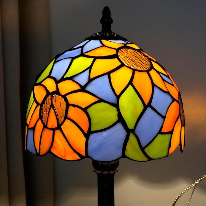 Tiffany Lamp Bedside Table Lamp-Nightstand,Stained Glass Lamp for Bedroom Dorm Living Kitchen, Aesthetic Cute Home Decor Gift (Blue Background Sunflower) - Bloomnest